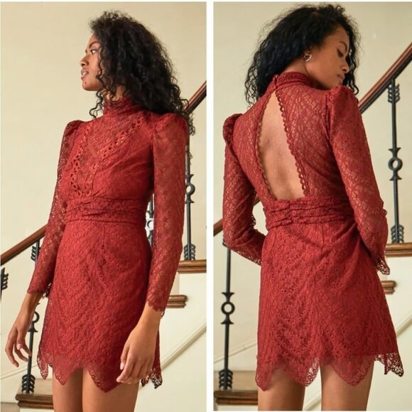 Saylor Celia Russet Red Lace Mock Neck Long Sleeve Cocktail Dress Size L - Picture 4 of 5